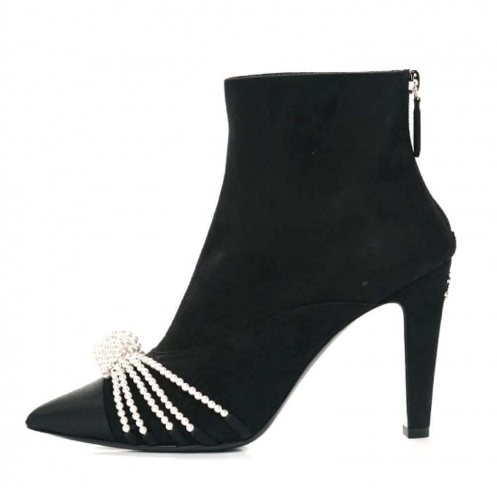 CHANEL Black Suede and Pearl Ankle Boots (New in Box)